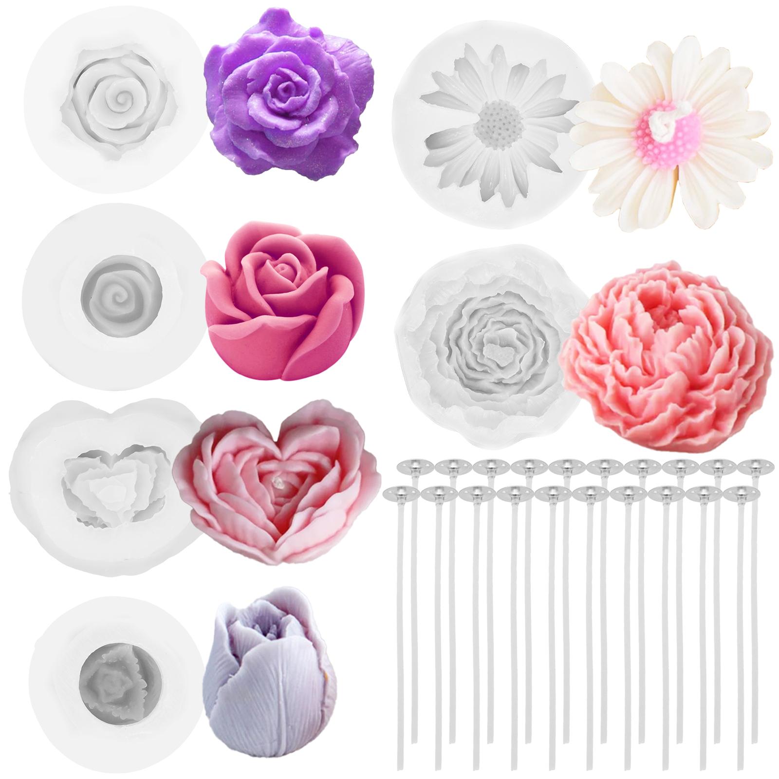 6/8/9 Pcs Flower Candle Mold Reusable Silicone Flower Candles Mold Scented Candle Making Molds with Candle Heart for Handmade