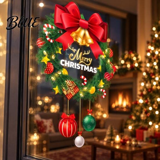 Winter Theme Glass Stickers Christmas Wreath Window Cling Reusable Static Sticker with Red Bow and Colorful Easy Install Ball Decor PVC Decal