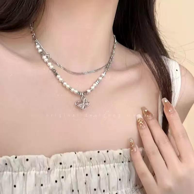 Light Luxury Niche Design Temperament Blue Full of Diamonds and Water Droplets Pearl Collarbone Chain Female Sweet Simple Versatile Neck Chain