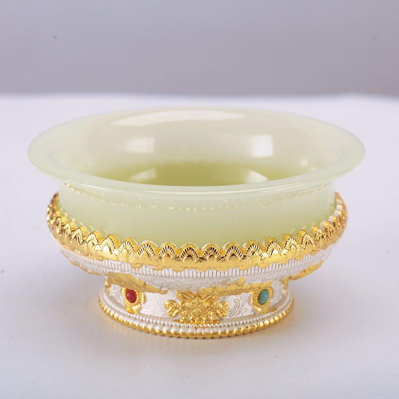 Bol à Ghee Tibétain Doré Alliage de Zinc Coupe d'Eau Bénite Tantrique 10cm Grande Taille Bol Bouddhiste en Pierre Gravé Cadeau Décoratif de Bureau