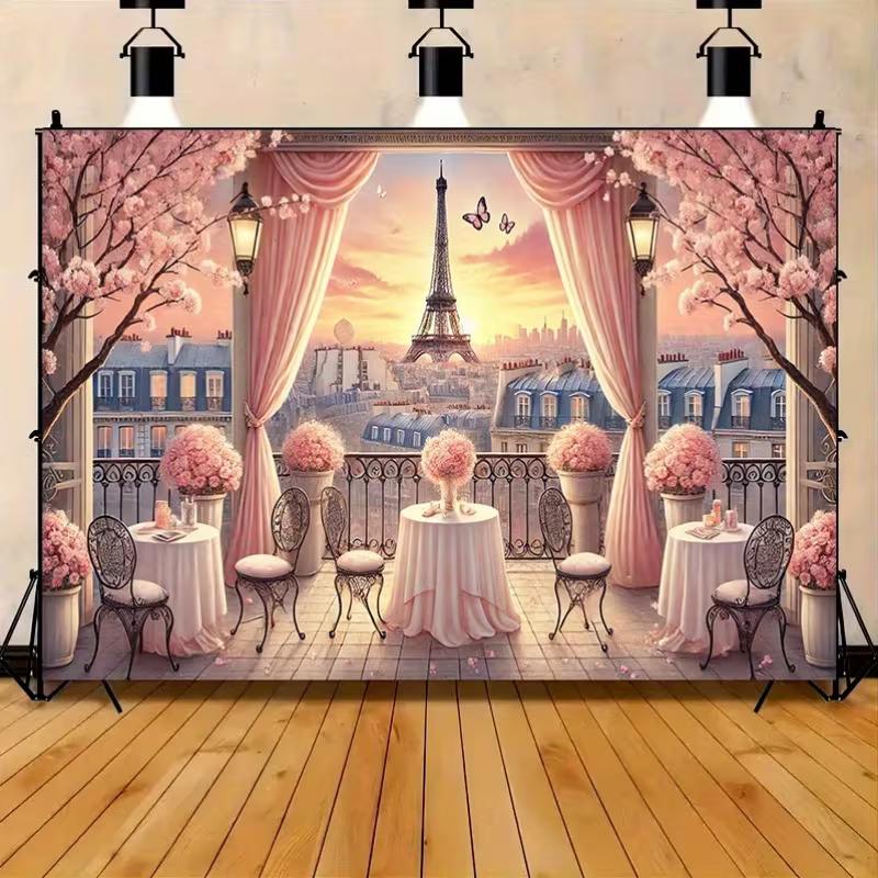 2D Romantic Pink Curtain Paris Balcony Backdrop Wedding Bridal Shower Decor Background Cloth