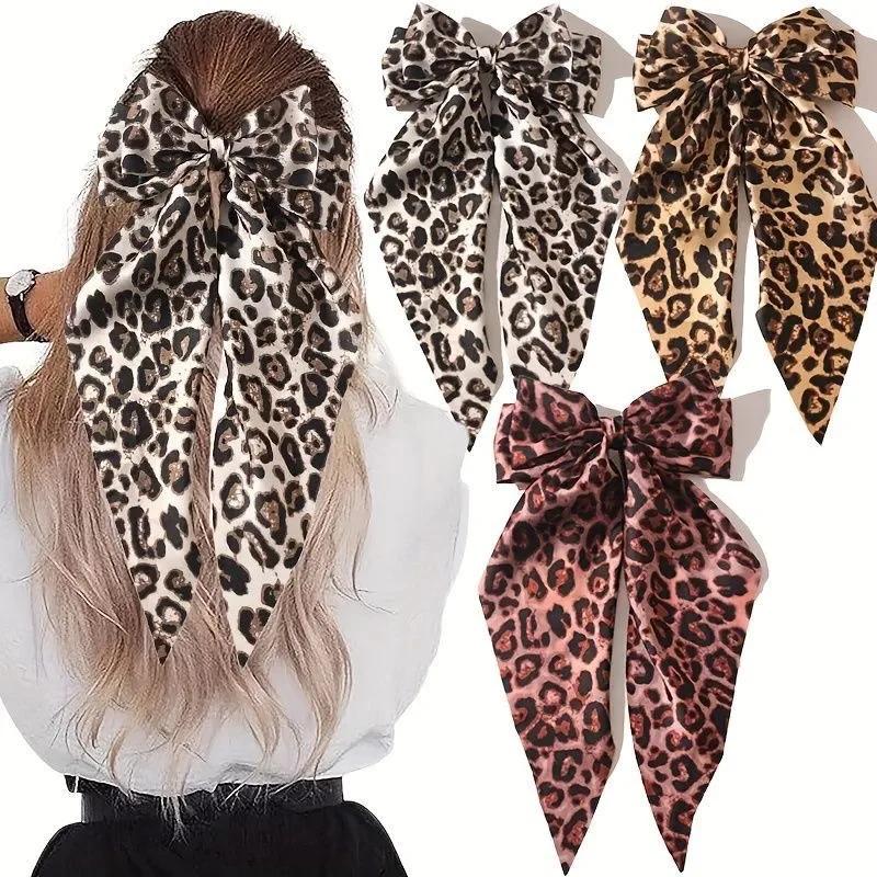 Vintage Leopard Print Bowknot Hairpin Long Ribbon Back Head Spring Clip Ponytail Headwear for Women Elegant Versatile Hairpin