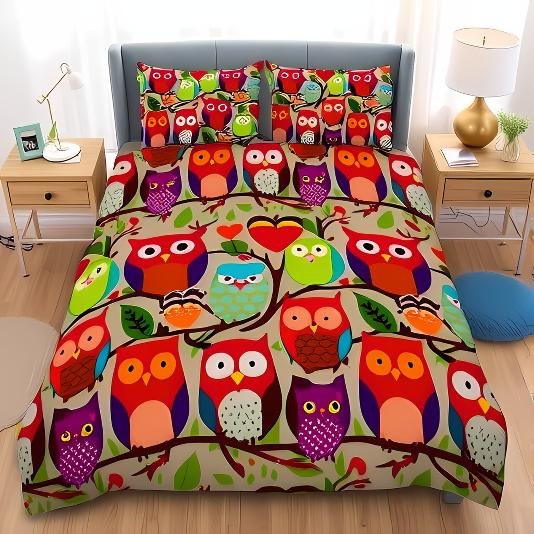 

Owl Soft Duvet Cover Bohenmian Flowers Warm Comforter Cover for Children Kids Young Boys Young Girls Tens Pink plus Blue Owl Beding Set Boho Wildlife 135*200cm Eu-Single
