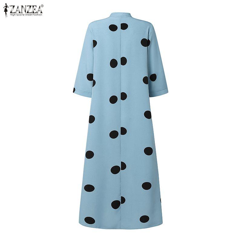 ZANZEA Damen Freizeit V-Ausschnitt 3/4 Ärmel Locker Gepunktetes Midi-Kleid