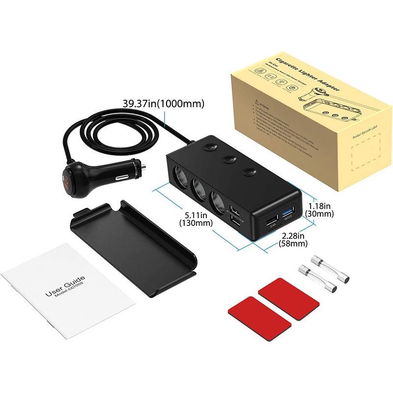 TR30 Car Cigarette Lighter Splitter: 3-Socket, 4-USB Ports, Independent Switches, QC3.0 Fast Charge, 120W, Voltage Display