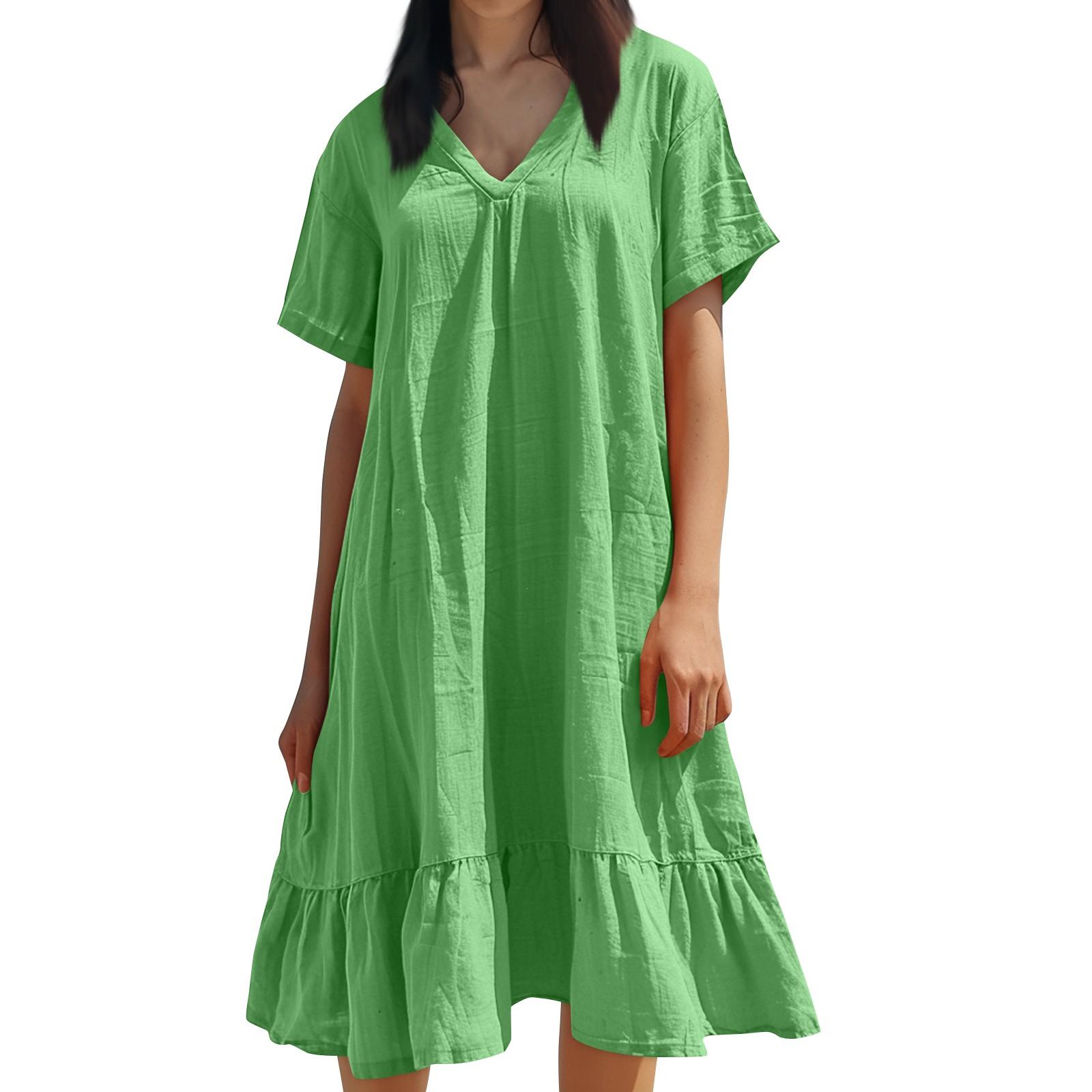 

Женское летнее однотонное платье с короткими рукавами и кружевным v-образным вырезом с большим подолом XXL зелёный