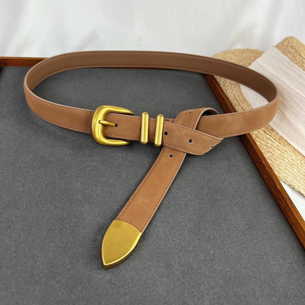 Ceinture Rétro à Boucle Dorée en Daim - Accessoire en Cuir de Vachette Style Myerard pour Pantalon