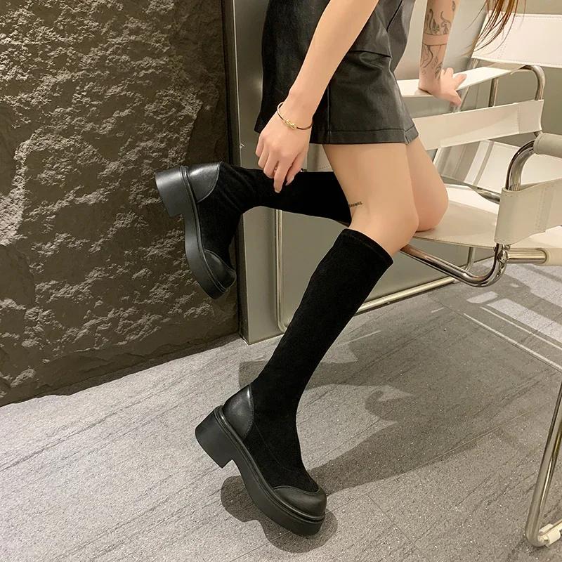 Women's Shoes Women's Boots Chunky Platform Brand Designer Over The Knee High Boots  Autumn Winter Elastic Thigh Long Boots