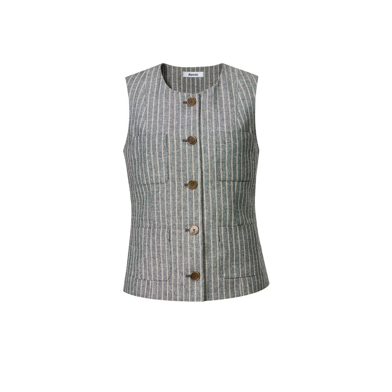 Blacknini "Double Palace Linen" Yarn-Dyed Jacquard Linen Stripes Suit round Neck Vest/Pants