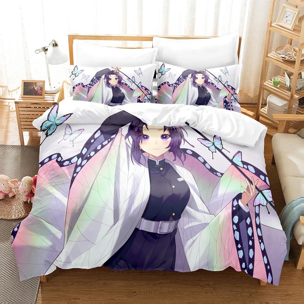 Kochou Shinobu Bedding Sets Anime Demon Slayer Comforter Bed Cover Duvet Cover Pillow Case Twin Single Queen King Teens Gifts