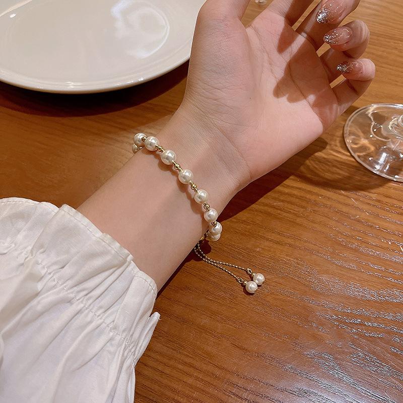 French Luxury Girls Women Pearl Bracelet Beaded Adjustable Elegant Simple Style Gift High Gloss Faux Pearl Fashion Jewelry