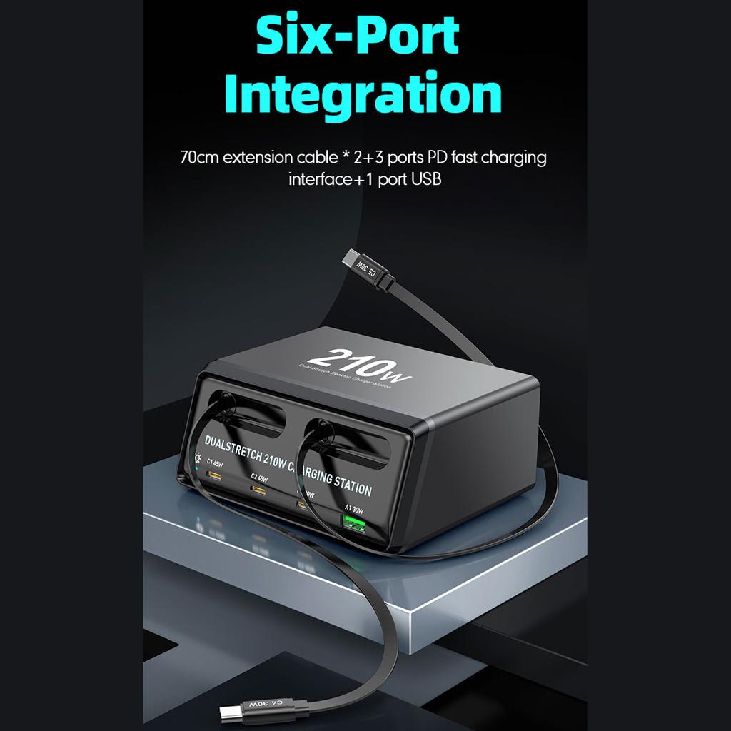 210W 6 Port Desktop Charger with 2 Retractable Type C Cables Multi Port Fast Charging GaN Technology Smart Power