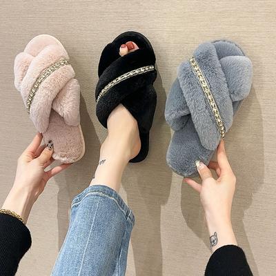 Mao Mao Slippers Cross Chain 2025 Autumn and Winter New Korean Version Flat Bottom Warm Indoor Cotton Mop Fashion Plush Shoes