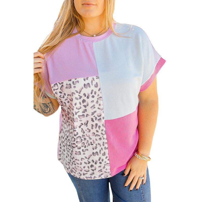 

2025 Summer Women s Plus Size Leopard Print Color Block Round Neck T-shirt 4XL цветной печати леопарда