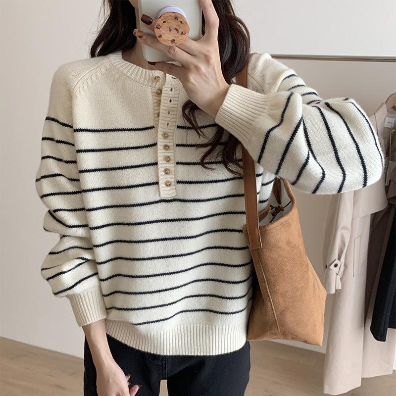 

Striped knitted sweater women s autumn and winter with lazy style retro soft waxy loose long-sleeved bottoming top average size
