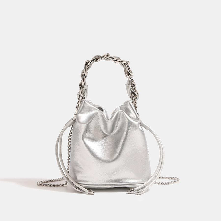 Silver thick chain bucket bags for women pu leather shoulder bag drawstring chains crossbody bags casual commuter purse handbags