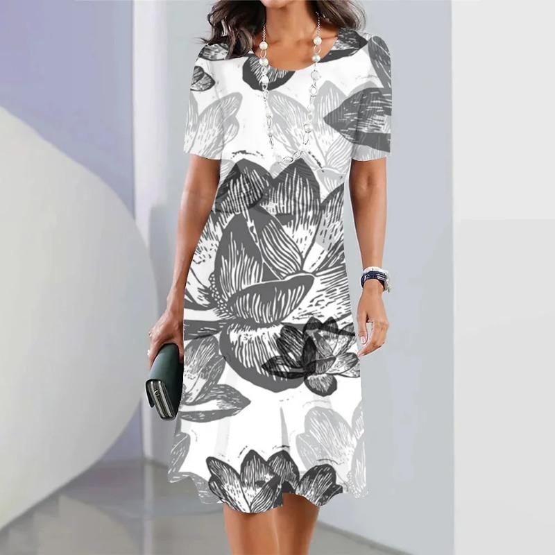 Women s Dress Short Sleeve Crew Neck Personalized Printed Dress Fashion Women s Floral Print Casual Loose A-Line Dress L
