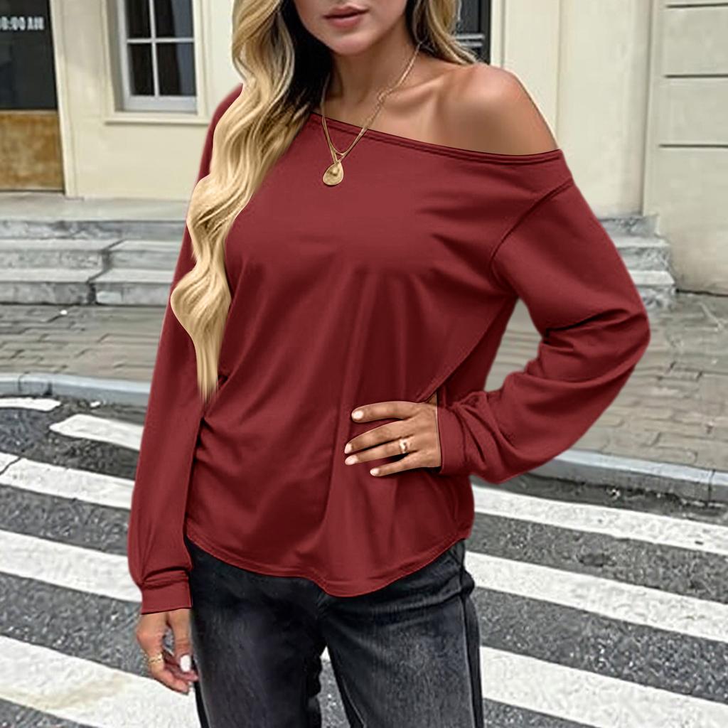 Women's Loose Fashion Off-the-shoulder Slant Collar Batwng Sleeve Long Sleeve Top