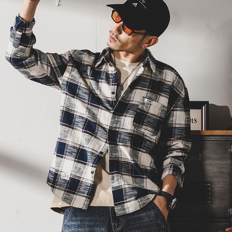 Men's Retro Loose-Fit Plaid Shirt: Heavy, Long Sleeve, Trendy Japanese Style Autumn Jacket