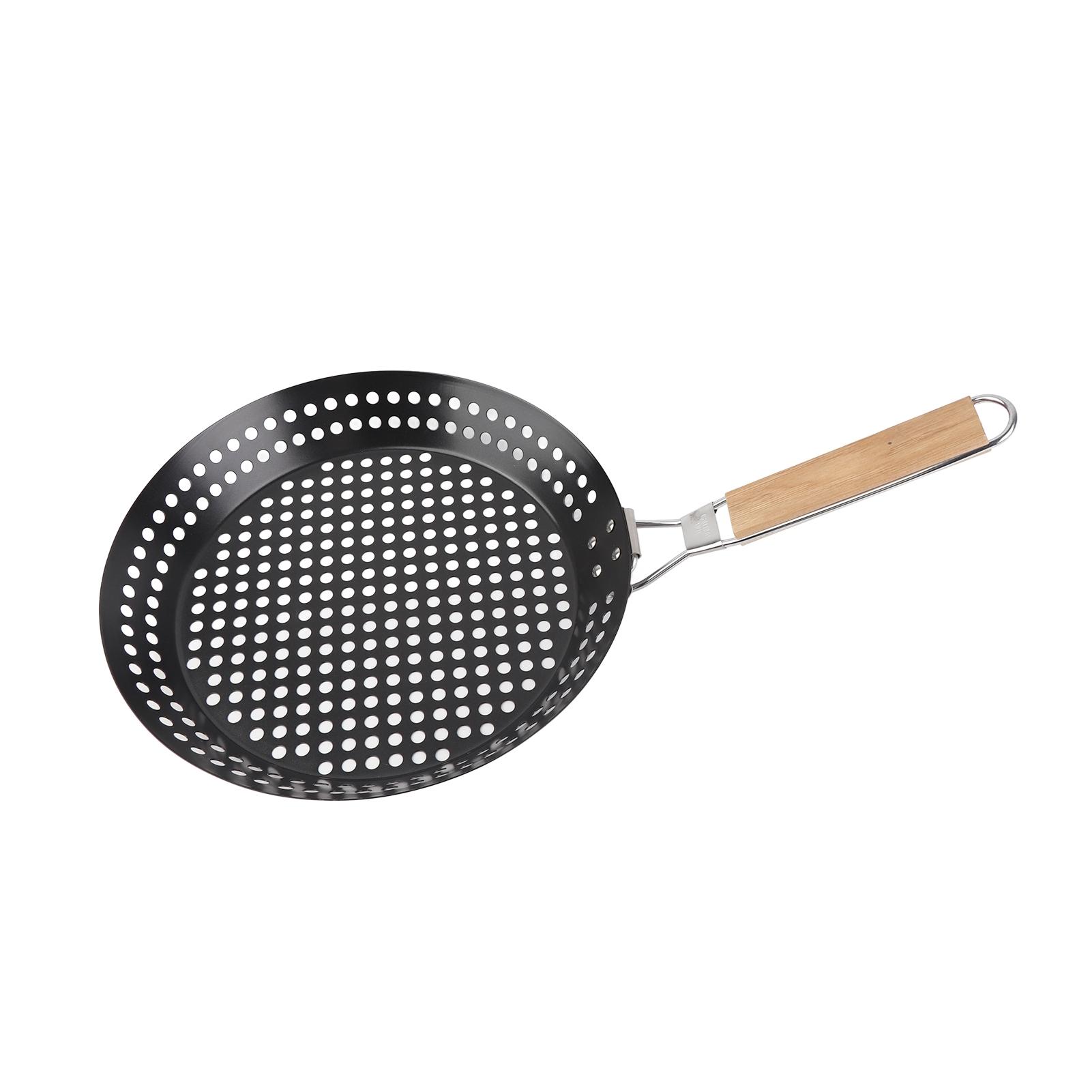 Non Stick Metal Grilling Skillet with Folding Wooden Handle Grill Skillet Pan with Holes for Outdoor Grill Topper Barbecue Pan