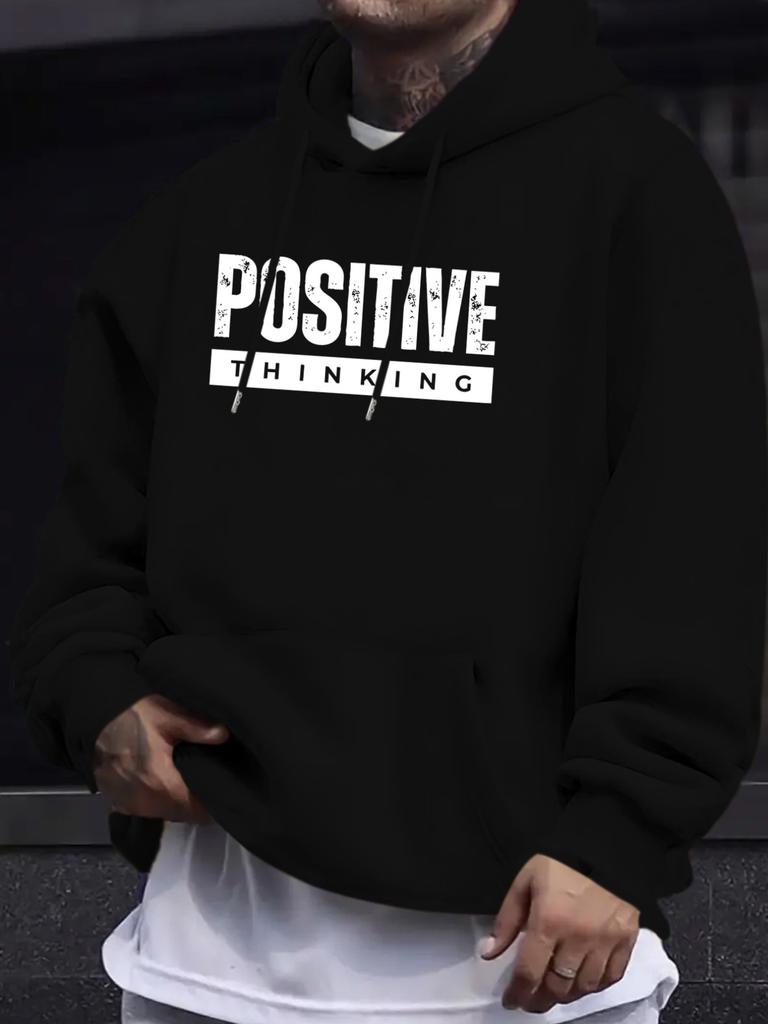 unisex Stretch Hooded with Positive Thinking Print Hoodie - Kangaroo Pocket Pullover, Casual Lettering Design Suitable for Spring/Autumn Layering, Ver