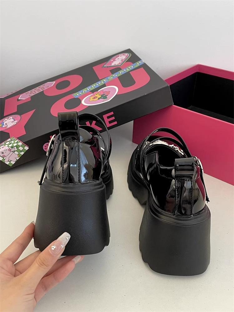 Spring 2025 Dark Style Mary Jane Shoes: Sweet Heart Design, Thick Soles, Height-Increasing, Leather.