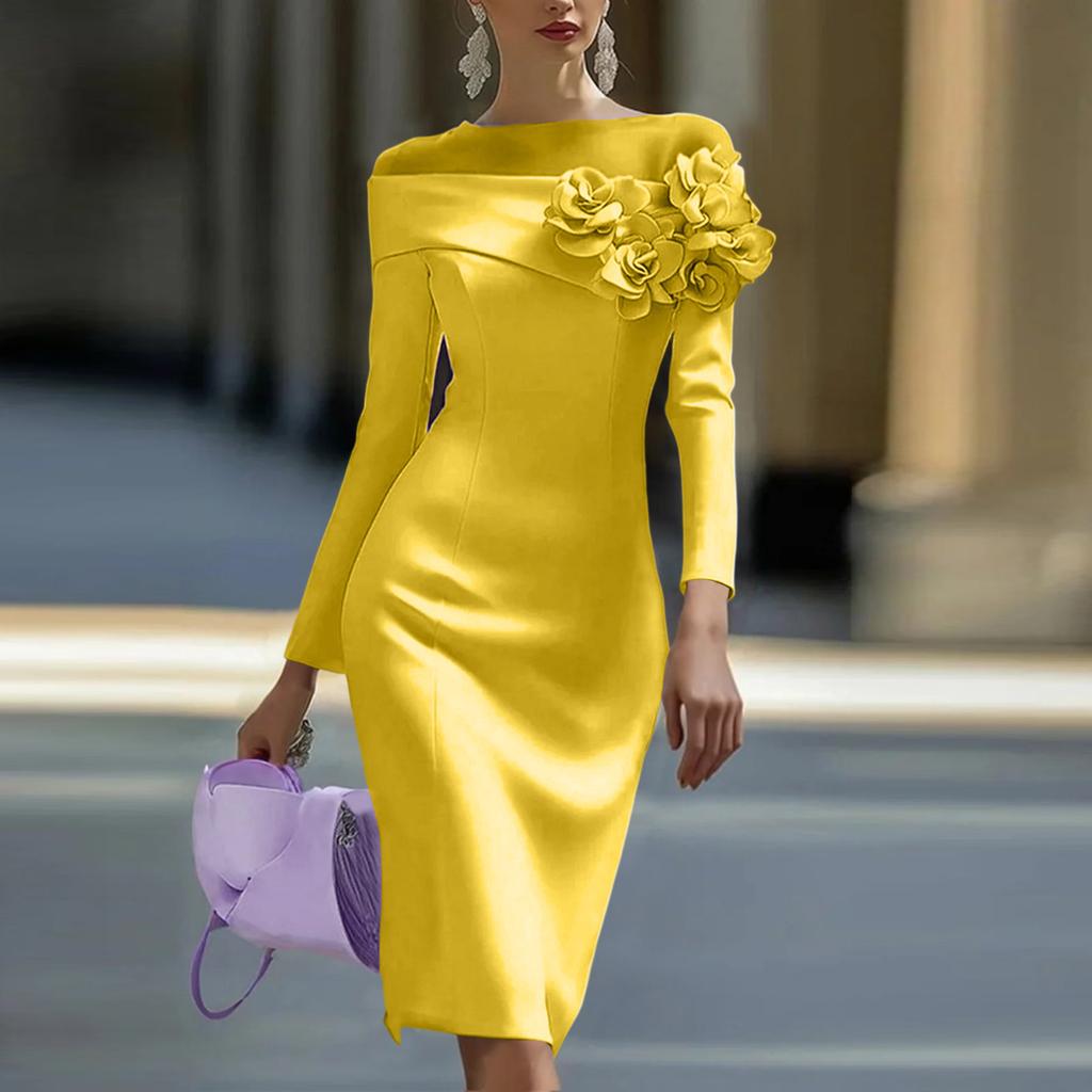 Women's Round Neck Slim Fit Dress with 3D Floral Side Accents, Color for Everyday Wear