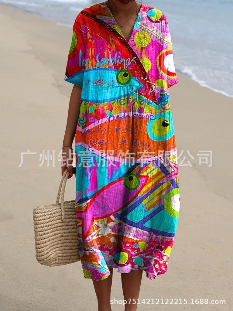 New Loose Casual Comfortable V-neck Digital Printing Pleated Large Version Dress