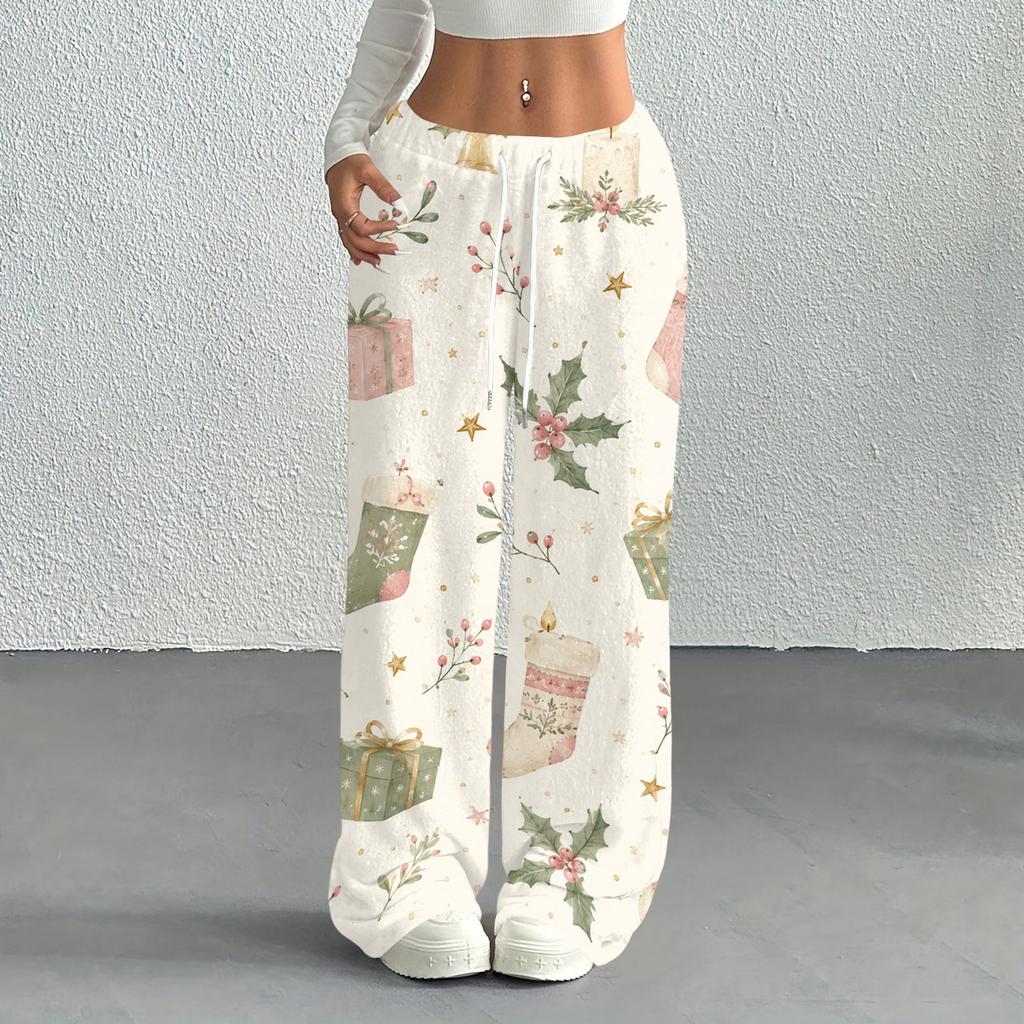 Women's Casual Christmas Printed Loose Straight Leg -Lined Pants with Elastic Waist