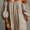 Women's Off Shoulder Maxi Dress Striped Puff 3/4 Sleeve Long Dress Summer Beach Vacation Sundress with Pockets
