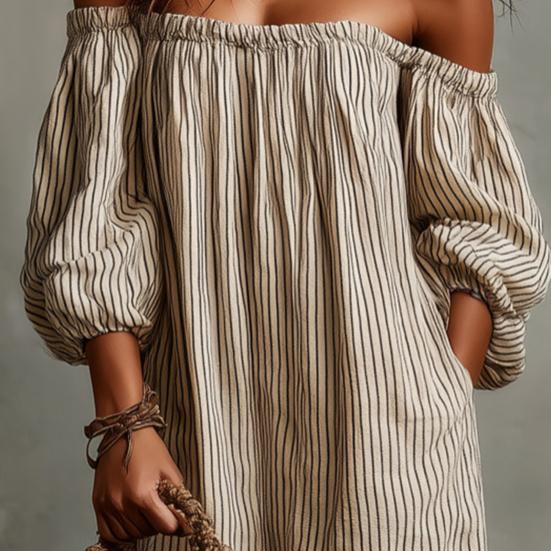 Women's Off Shoulder Maxi Dress Striped Puff 3/4 Sleeve Long Dress Summer Beach Vacation Sundress with Pockets