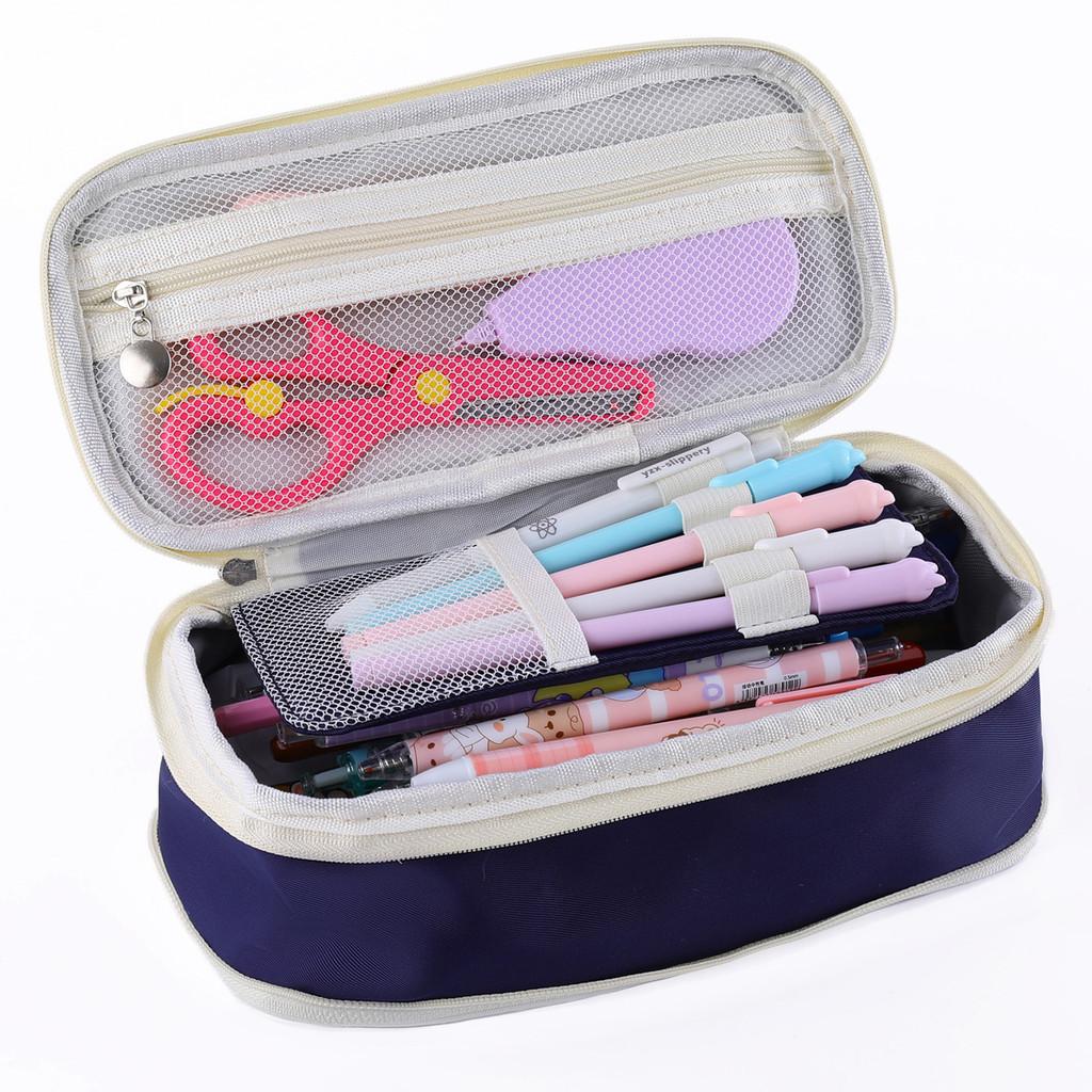 Stylish Macaron Color Canvas Expandable Large Capacity Pencil Case With Dual Zippers