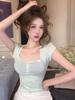 American Niche Chic Versatile Design Sense Candy Color Square Collar Slim and Thin Short Thin Short Sleeve Knitted Top Women