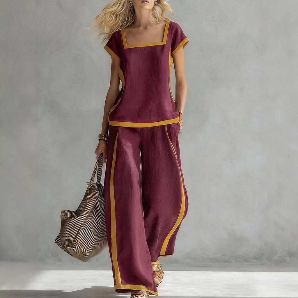 2026 Spring/Summer Women's Color Block Square Neck Top & Wide-Leg Pants Two-Piece Set