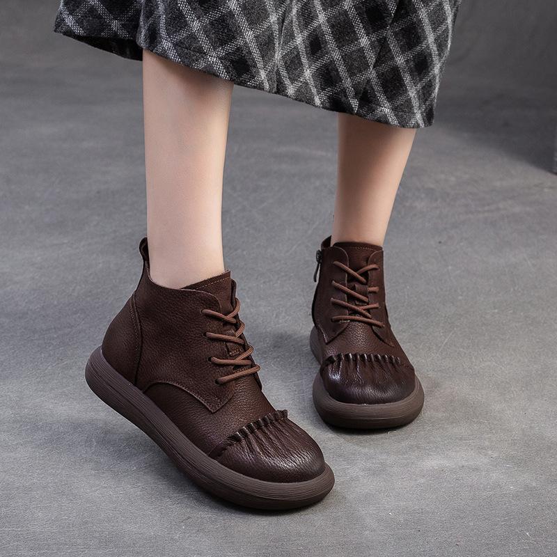 Fashion GKTINOO 2025 Autumn New Retro Genuine Leather Short Boots Round Toe Solid Color Comfortable Sneakers Flat Bottom Women's Shoes