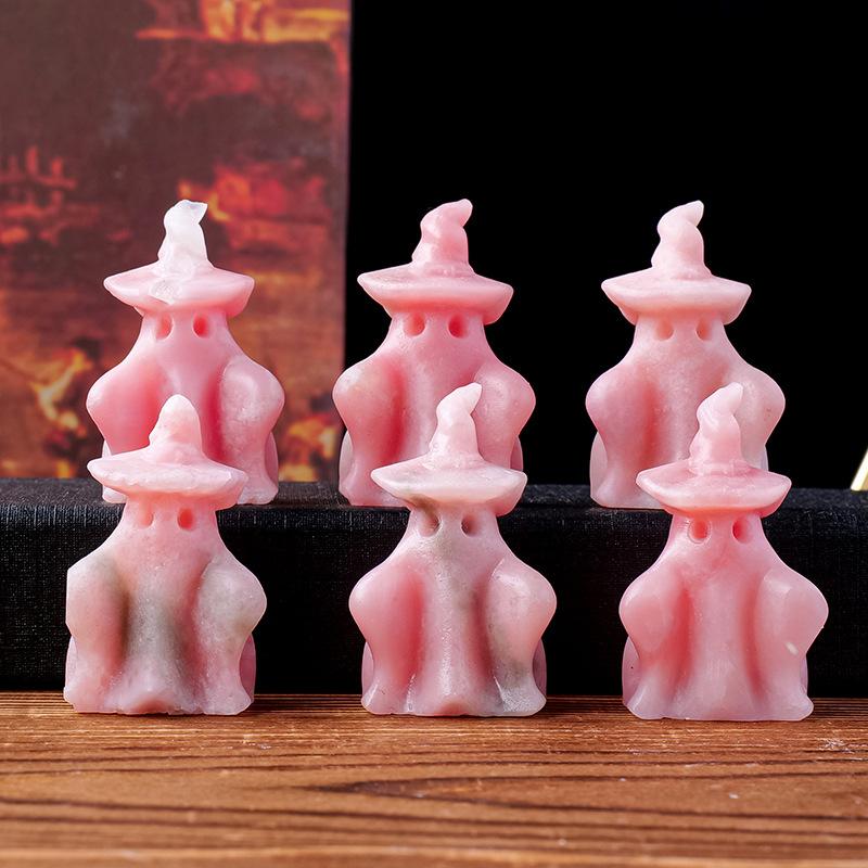 Natural Pink Opal Crystal Carving Pendant Ghost Sculpture Halloween Decoration Raw Stone Lucky Charm for Home Decor