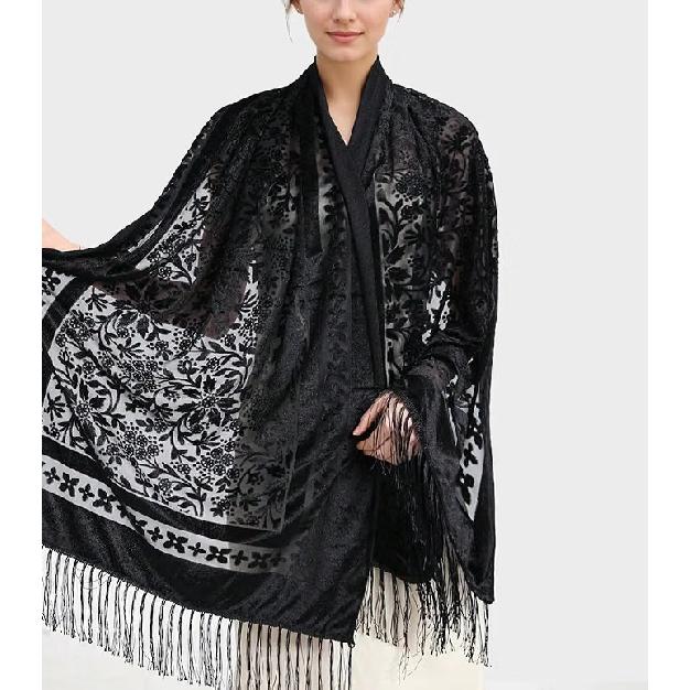 190*70cm Women's Velvet Vintage Floral Rose Shawl Wrap,Sheer Mesh Lace Scarf with Tassels, Evening Shawl for Party