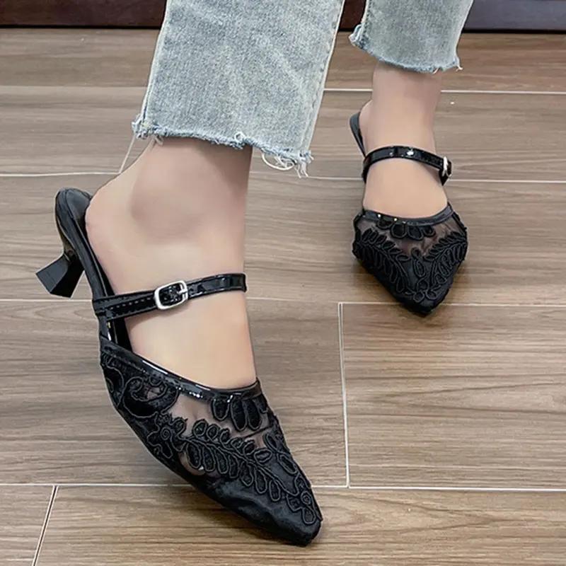 Fashion Embroider Decor Low Heel Sandals Women Concise Buckle Thin Heels Pointed Toe Slippers Plus Size Comfort Mesh Office Sandals