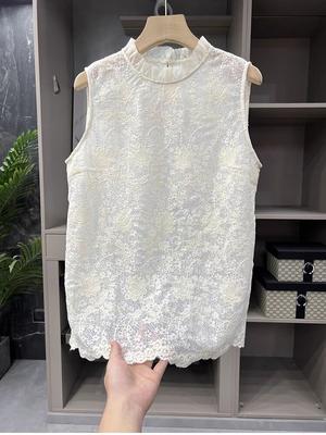 Fashion Sleeveless Lace Women Blouse Stand Collar Elegant Loose Office See Through Shirt Female Solid Color Crochet Women's Clothing