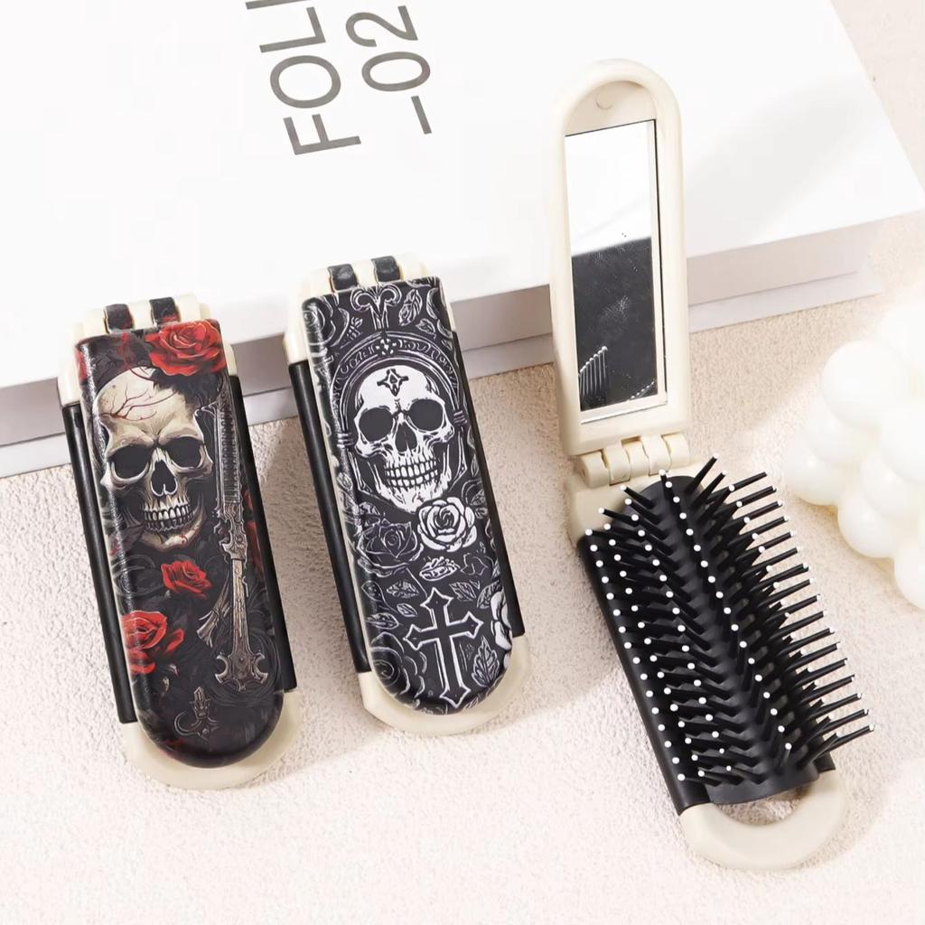 1pc Skeleton Flower Cross Pattern Folding Haircomb with Built in Mirror for Gentle Combing and Styling