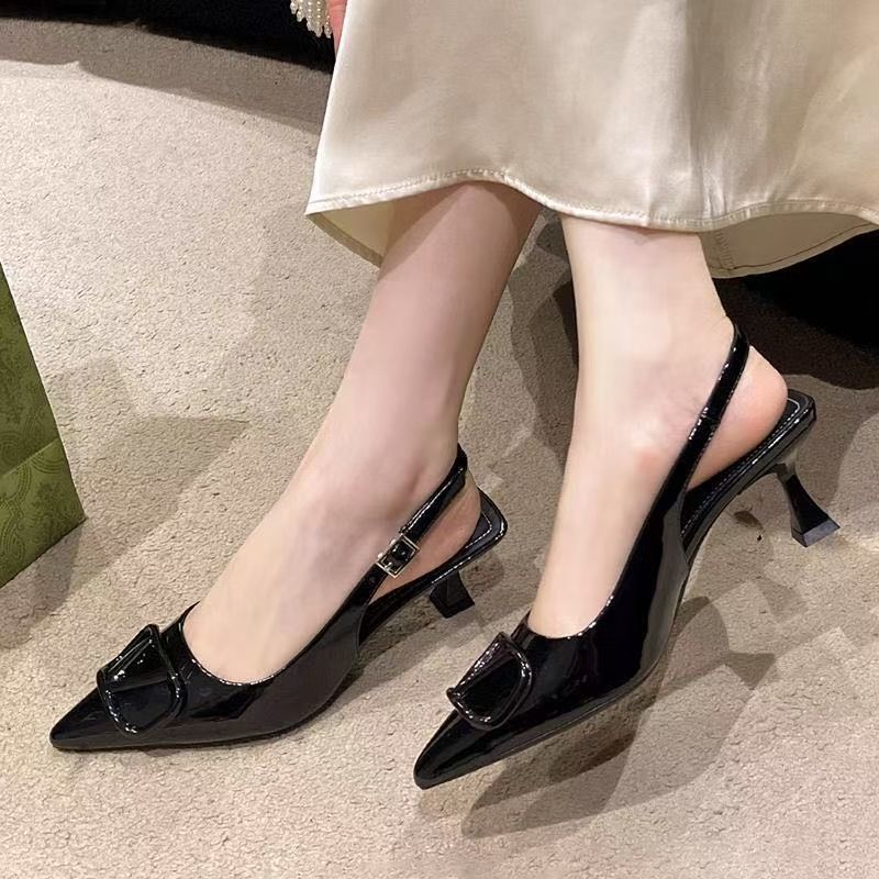 2025 New French Stiletto Black Patent Leather High Heels Pointed Head with Bag Head Sandals Women's Summer Wear
