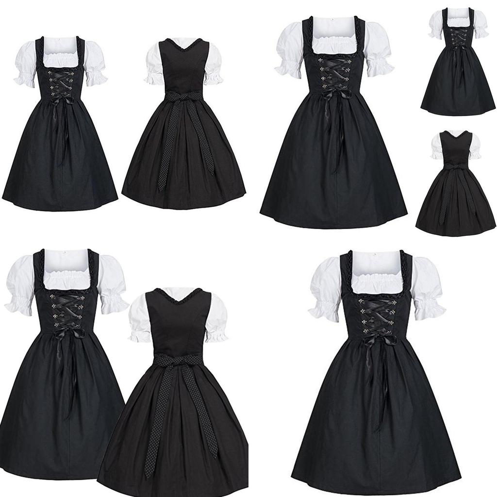 Costume Dirndl Bavarese Vintage con Vita Elastica e Maniche a Bolla per Occasioni Festive