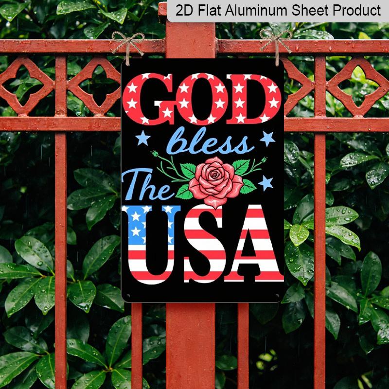 2D Flat, Decorative Sign & Plaque, Metal Sign, Retro Sign for Wall Decor, Funny Signs, 'God Bless The USA' Patriotic Wall Art Plaque with American