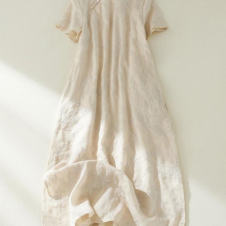 Qipao en Coton et Lin pour Femme 2026: Nouvelle Collection d'Été en Acétate, Style National Chinois Amélioré