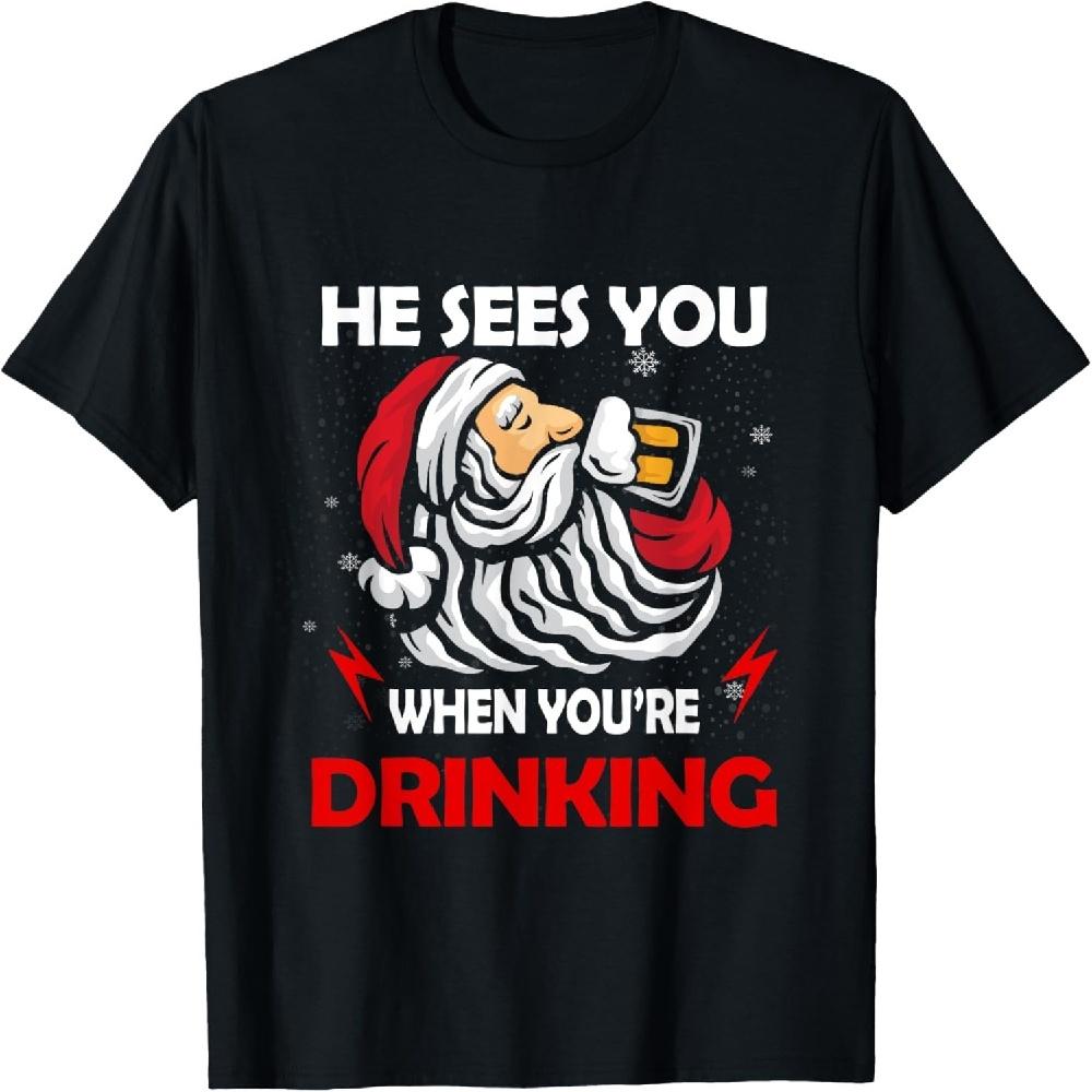 He Sees U When You re Drinking Funny Santa Christmas Beer T-Shirt XXXXXL чёрный