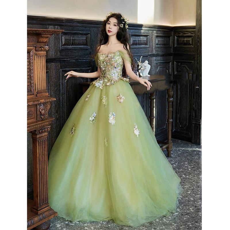 Flower Fairy Evening Dress Student Day Adult Ceremony Host Engagement Princess Gauze Dress One-word Shoulder Art Examination Entrance Performance