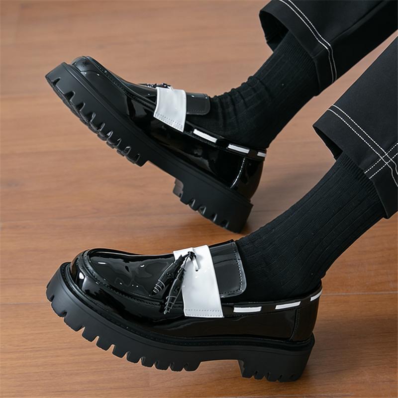Fashion Designer Men's Black White Mixed Leather Height Increasing Casual Shoes Male Tassels Loafers Formal Flats Dress Footwear