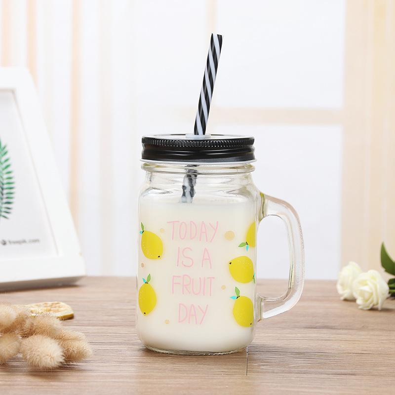 Summer Fruit Creative Mason Jar Cold Drink Glass Cup Juice Beverage Cup with Lid 500ml