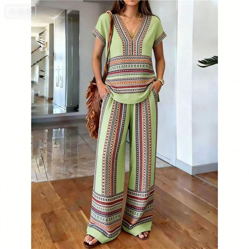 Y1 Summer Loose Short-sleeved V-neck Top Wide-leg Pants Two-piece Women's Clothing European and American Fashion Suit