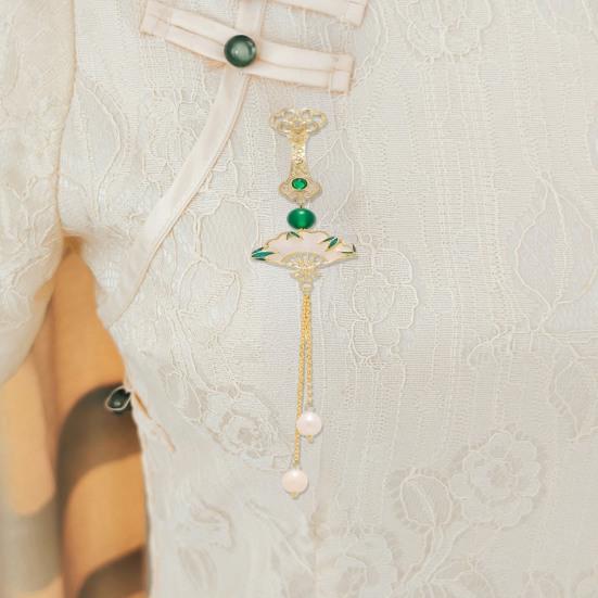 Fan Brooch Beads Tassel Rhinestone Inlays Dazzling Pin Sweater Dress Coat Suit Lapel Badge Outfit Accessories